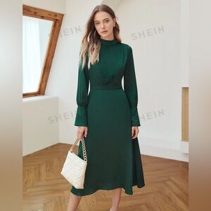 Green MOCK NECK FORMAL Modest Bishop Sleeve Midi Dress long sleeve size Large